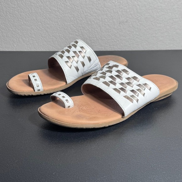 Born Shoes - Born Womens White Leather Toe Loop Slide Sandals Metallic Cutout Flat Size 9